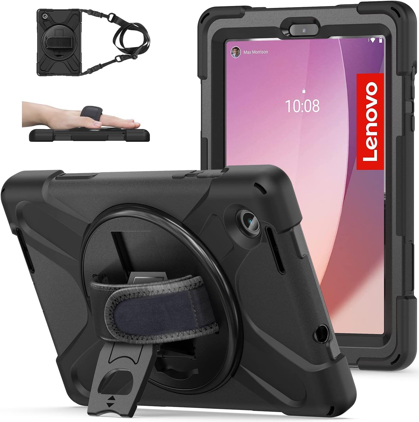 TSQQST Case for Lenovo Tab M8 4th Gen 2024/2023 Model TB301XU/TB-300FU for Kids | Full Body Protection Case with [360 Rotating Stand] & Hand Strap Function Cover for Lenovo M8 Tablet | Black
