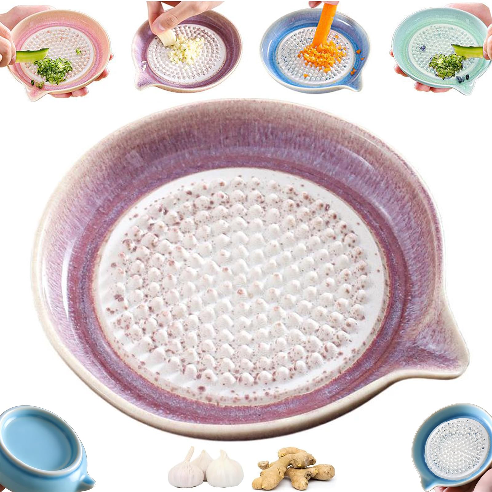 Ceramic Grater Plate - Gradient Porcelain Garlic Grater and Ginger Grinder Dish with Spout | Handheld Kitchen Tool for Cheese, Chocolate, Fruits & Vegetables | Easy to Clean, Compact 4.7" Size