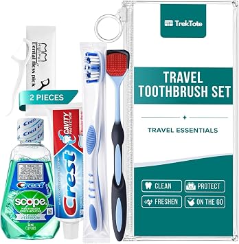 Travel Toothbrush Set with Name Brand Toothpaste, Mouthwash & Floss Picks