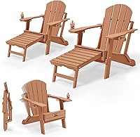 Vista 12 de VINGLI Sillas plegables Adirondack con respaldo ajustable de plástico con reposapiés retráctil y portavasos 2 en 1, sillas impermeables de HDPE