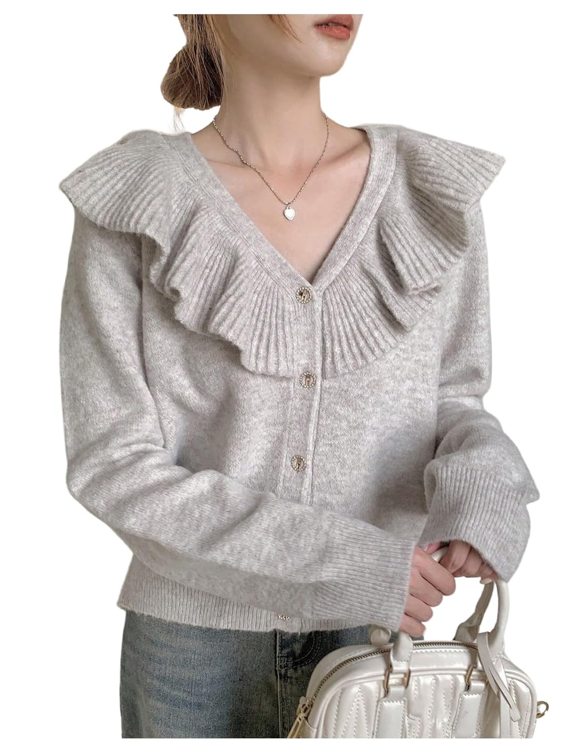 MakeMeChic Womens Button Up Ruffle Cardigan Sweater Long Sleeve Knitted Sweater Outerwear