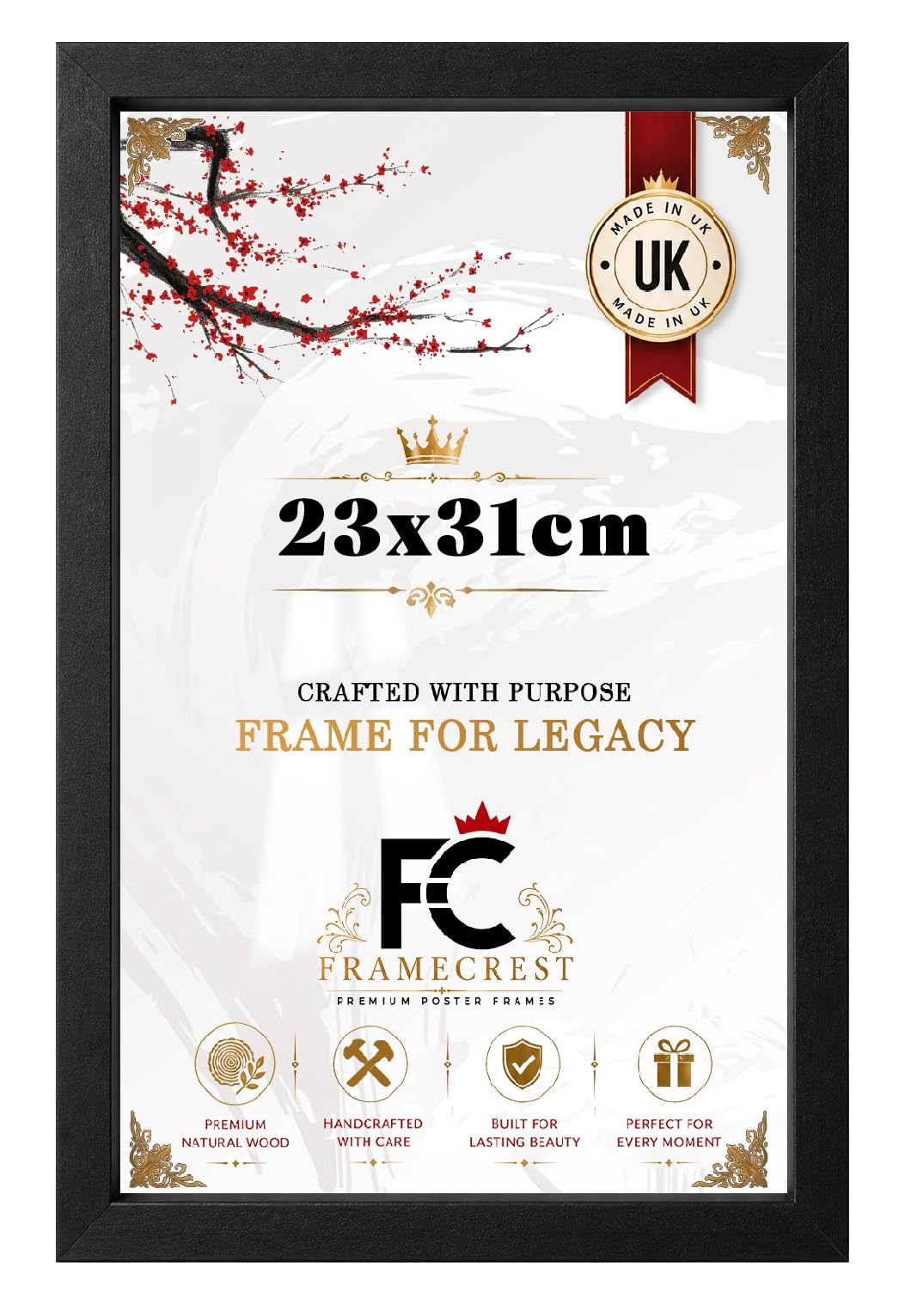 FRAMECREST Flat Profile 23x31cm Engineered Wood MDF Poster Frame | Polished Perspex Poster Frame | Horizontal and Vertical Wall Hanging for Home, Exhibition, Café-[Matt Black]