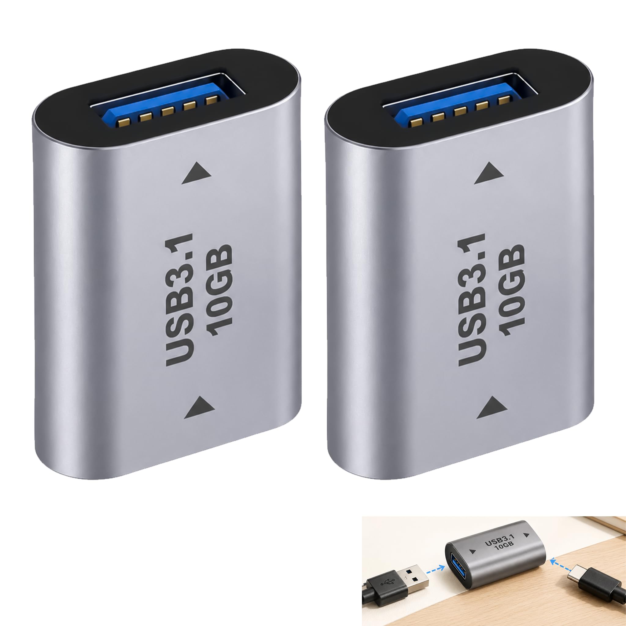 2 Stück USB A auf USB C Adapter, USB-A auf USB-C Buchse Konverter 3.1 Gen 2 10Gbps OTG Adapter für Laptop PC Smartphone Tablet Powerbank Aluminium Gehäuse für Datenübertragung und Aufladen