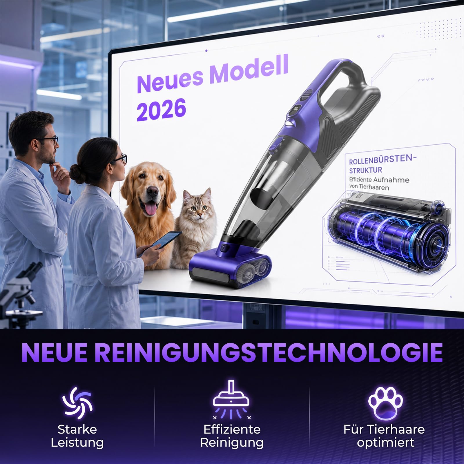 Tierhaar Handstaubsauger Akku 28000Pa mit Rotierende Bürstenrolle&LED Licht | Stark Autostaubsauger Kabellos mit 10400mAh, 720ml, 2 Saugstufen, HEPA+Metallfilter für Haustiere, Sofa, Teppich, Büro