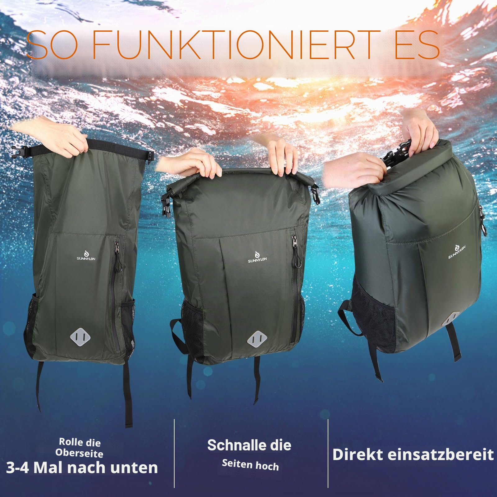 Dry Bag Rucksack,20L IPX8 wasserdichte Rucksack Rolltop mit Handyhülle,Wasserfester Tasche Schwimmen Wassersack,Seesack Rucksack für Kajak, Strand, Rafting, Bootfahren, Wandern, Camping