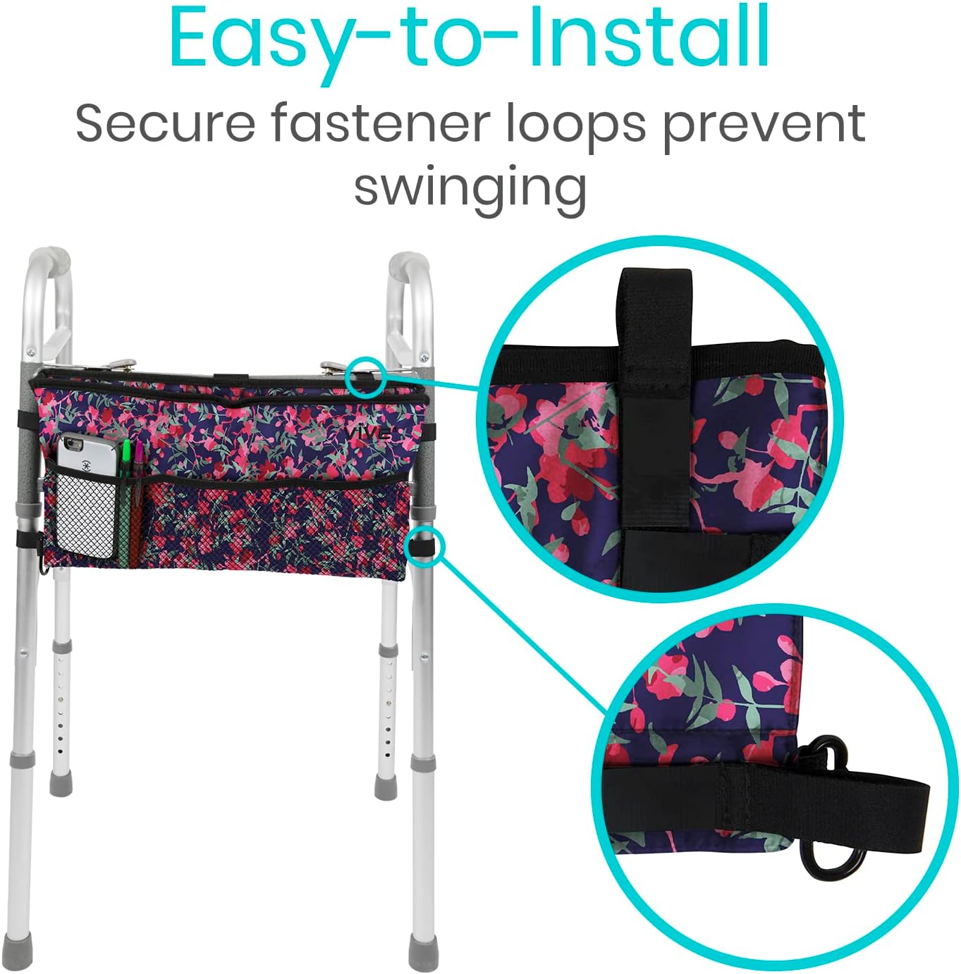 Vive Walker Bag - Accessories Wheelchair Basket Pouch (Water Resistant) - Seniors Caddy Accessory Attachment for Folding, Rolling Walkers - Carry Storage Carrier Tote - Lightweight, Universal Size - Image 4