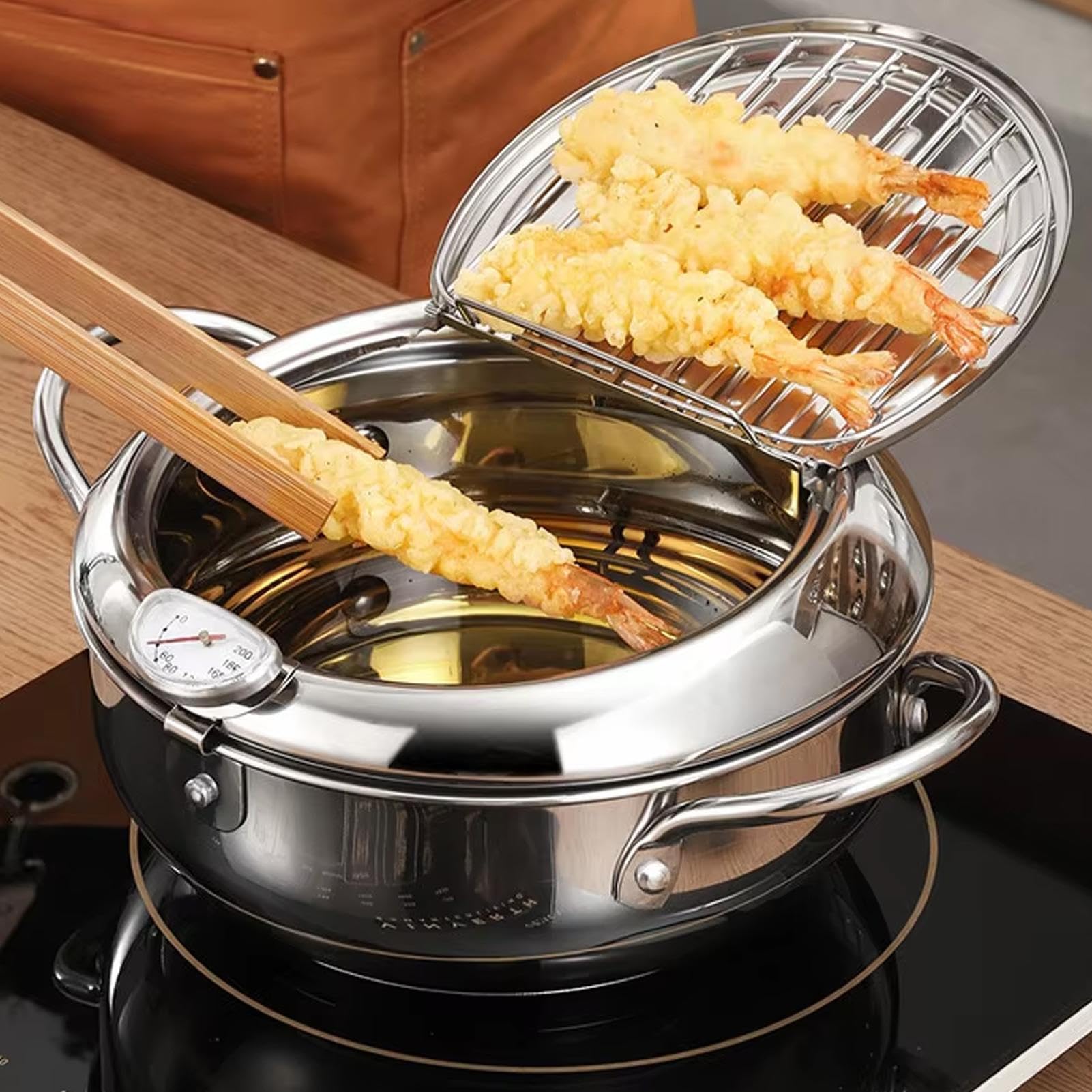 Oliera per friggere, pentola a doppio fondo con termometri, in acciaio | per friggere grandi patatine fritte, deliziose patatine fritte per cucinare croccanti