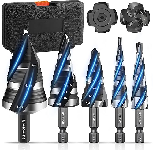 Juego de 5 brocas en espiral HSS de 4 flautas (18"-1-38") con vástago de 14" y 38", brocas escalonadas para perforación de agujeros en acero