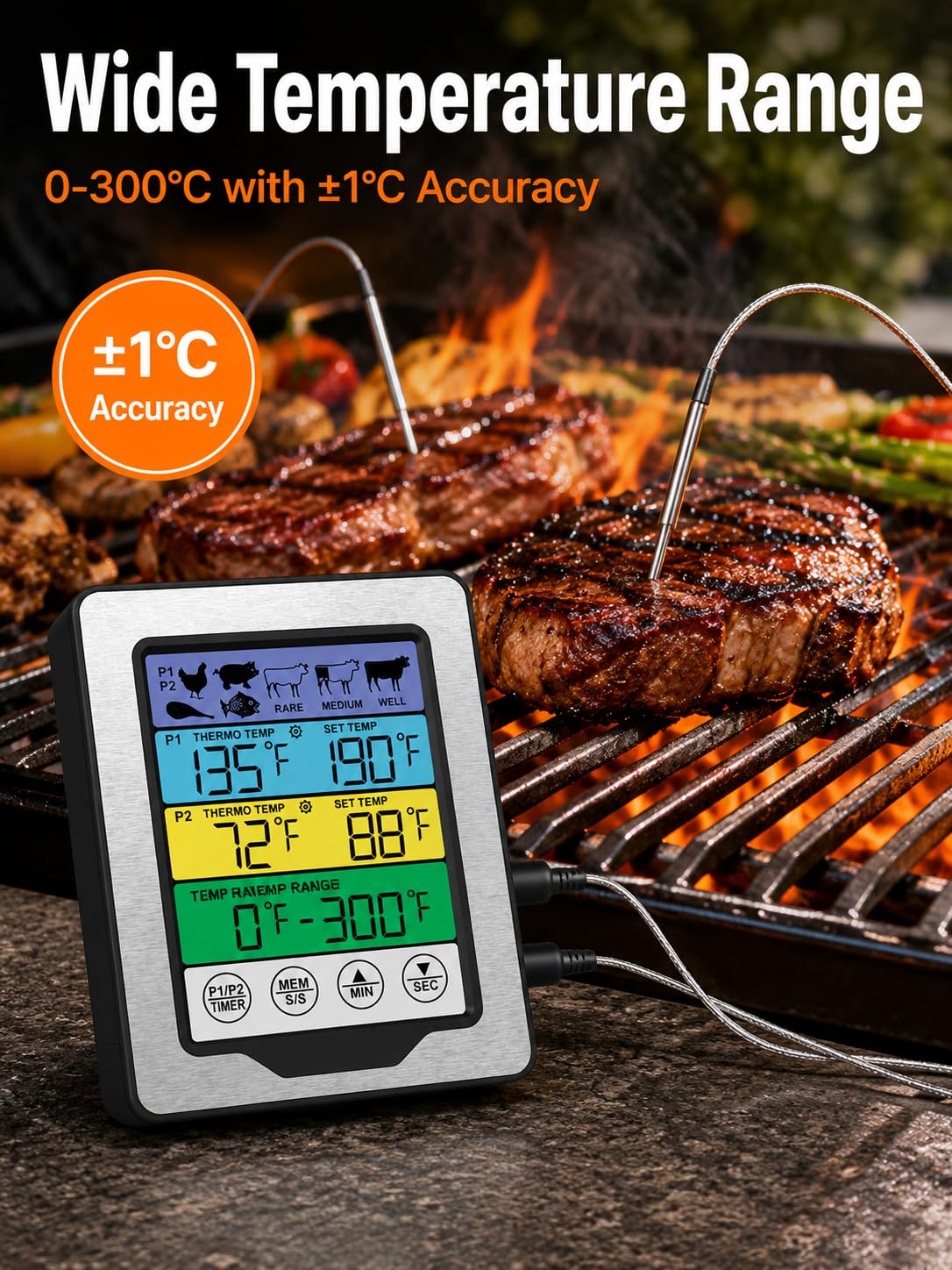 0-300℃/32-572℉ Termometro Digitale con Sonda, Termometri da Cucina, Termometro da Forno con Timer e Schermo Touch a Colori, per Cottura BBQ Alimenti Carne Forno Arrosto Griglia