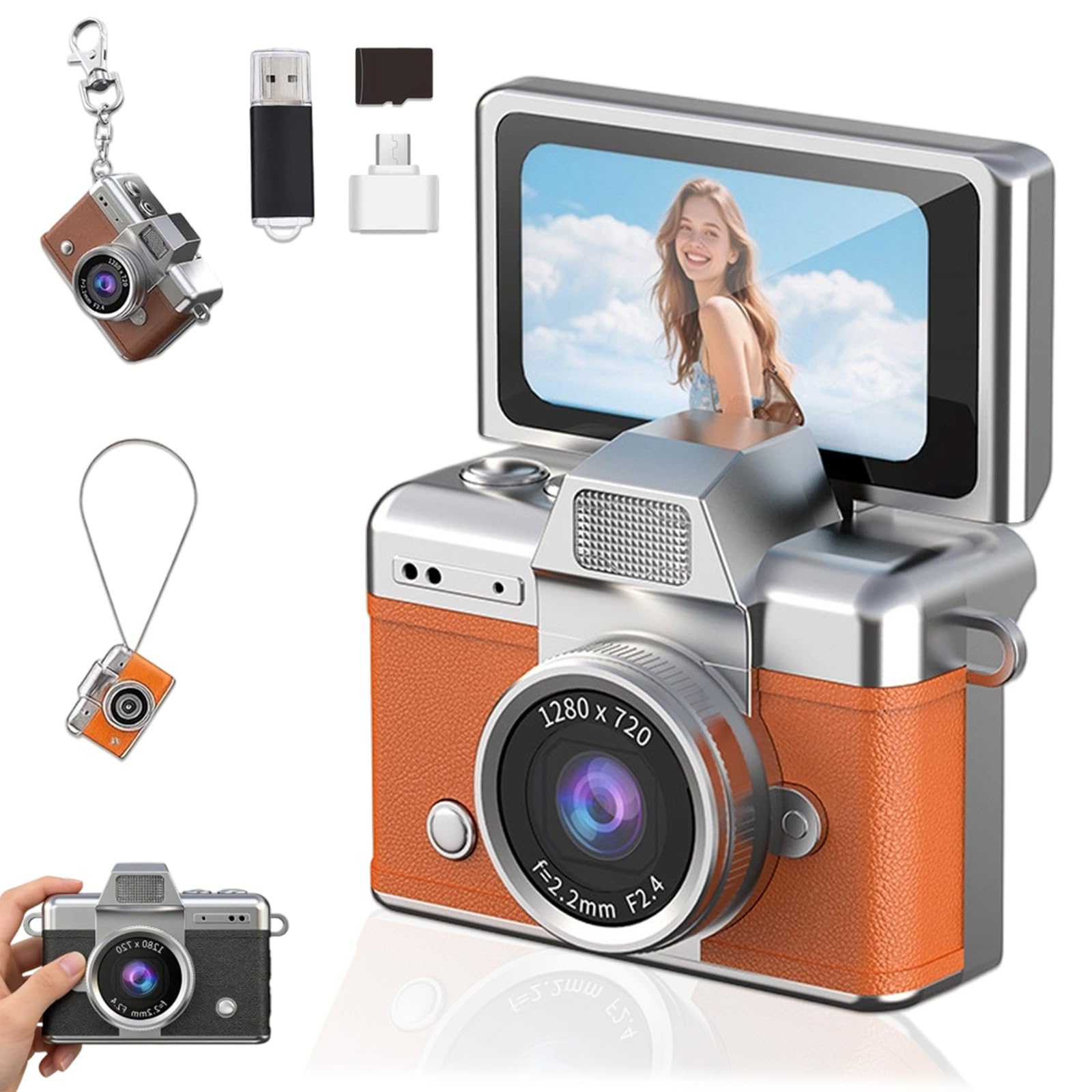 2026 New Mini Digital Camera with 1.47 in LCD Screen, Mini Retro Keychain Camera with 1080P HD Flip Screen, Built-in Flash, 32 or 64GB Card, Strap and Keychain for Travel & Daily Use (Orange,32G)-picture-32