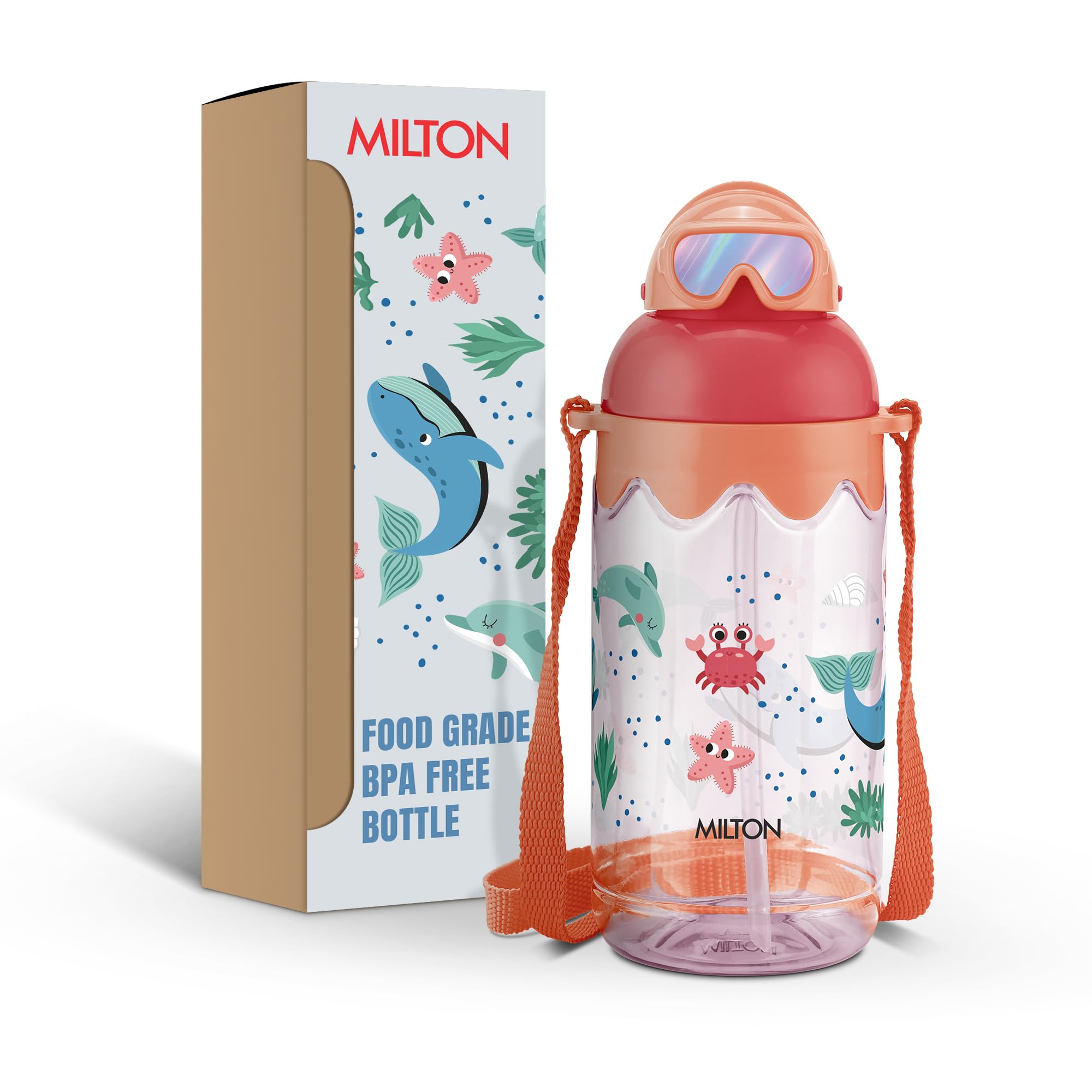 MILTON Sage 650 Sipper PET Water Bottle for School Kids | Food Grade & BPA Free | Leak Proof & Durable | Easy to Carry Loop | Ideal for Home, School & Office Use, 605 ml, Peach