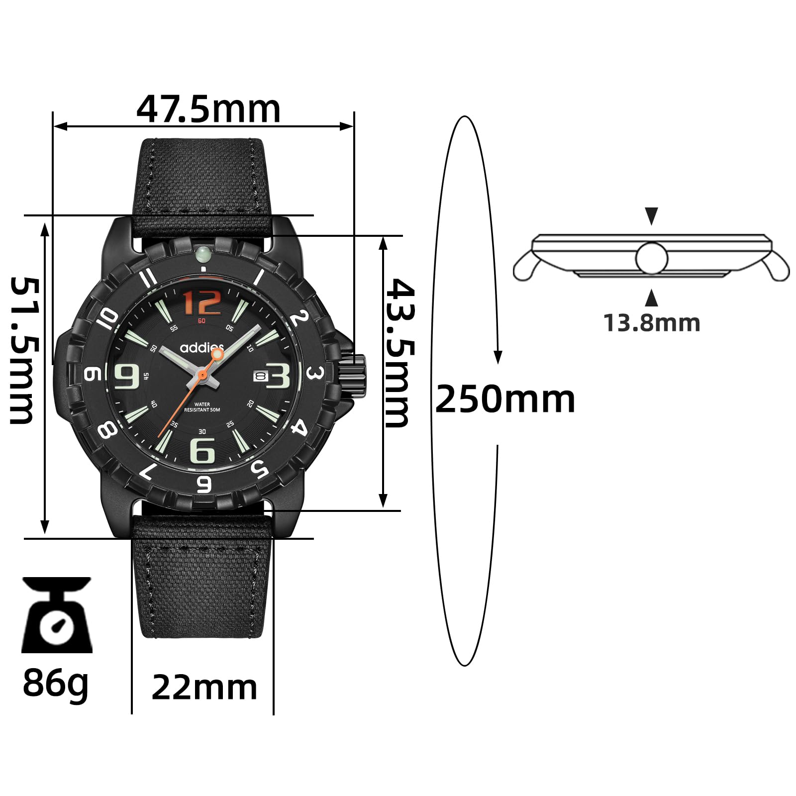 addies Montre militaire pour homme avec bracelet en tissu résistant à l'eau 50 m Mouvement à quartz lumineux Boîtier en acier inoxydable Montre cool pour tous les jours et l'extérieur