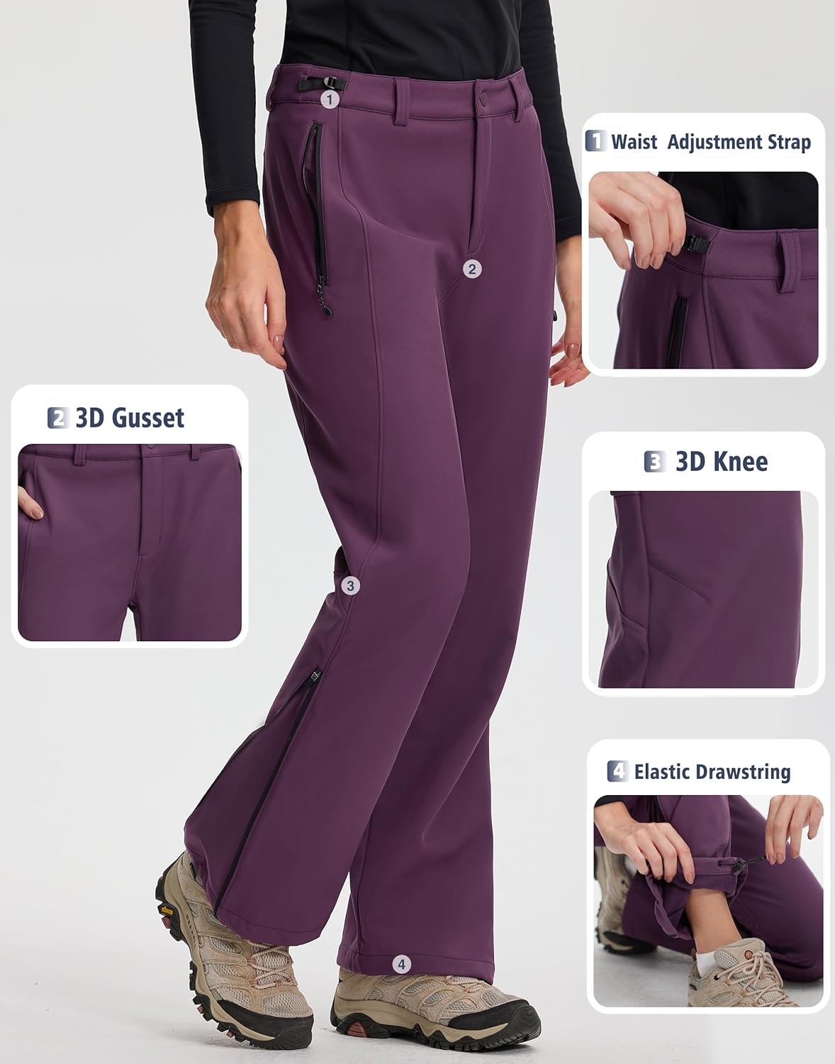 Pioneer Camp Women's Winter Hiking Fleece Lined Pants Water Resistant Snow Ski Flared Insulated Softshell with Ankle Zip