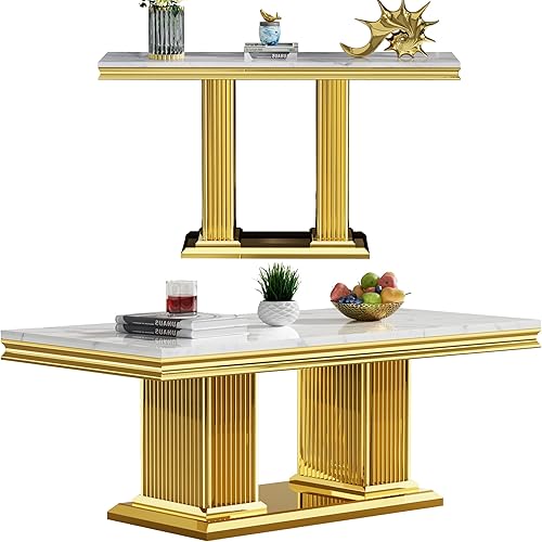 Juego de 2 mesas de sala de estar, mesa auxiliar de mármol sintético y mesa consola dorada, mesa auxiliar rectangular de lujo blanca y dorada, juego