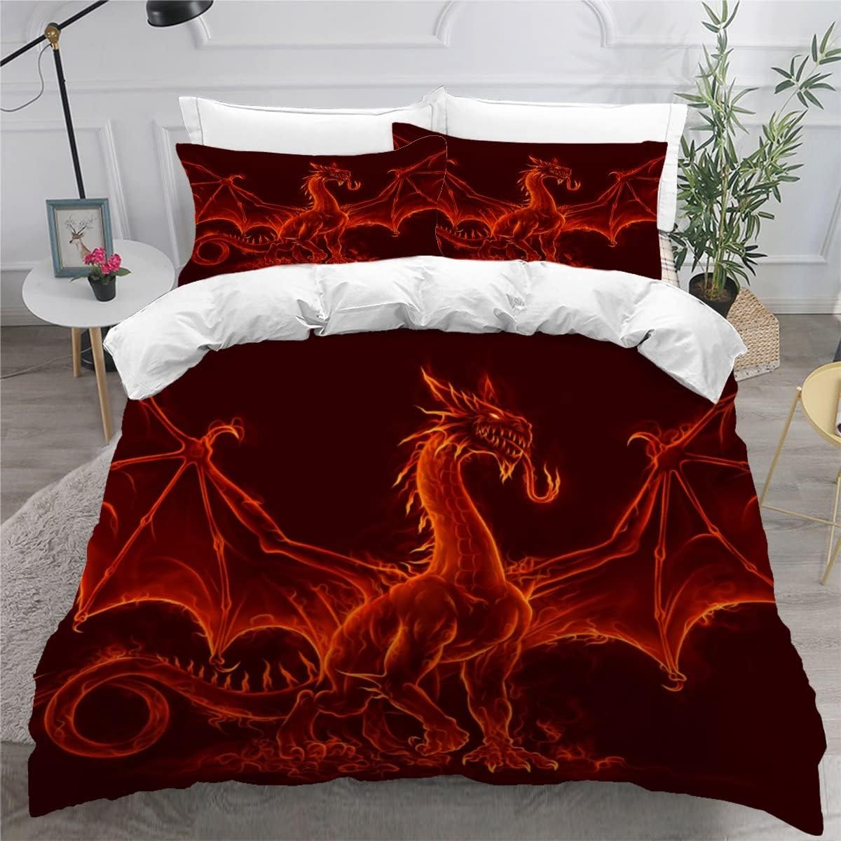 MEVASA Dragon Bedding Double Bed Set Microfiber Teenager Bedding Mythical Animals 3D Bedding Set for Small Double 3Pcs Anti Allergic Double Duvet Cover Set with Zipper /200x200