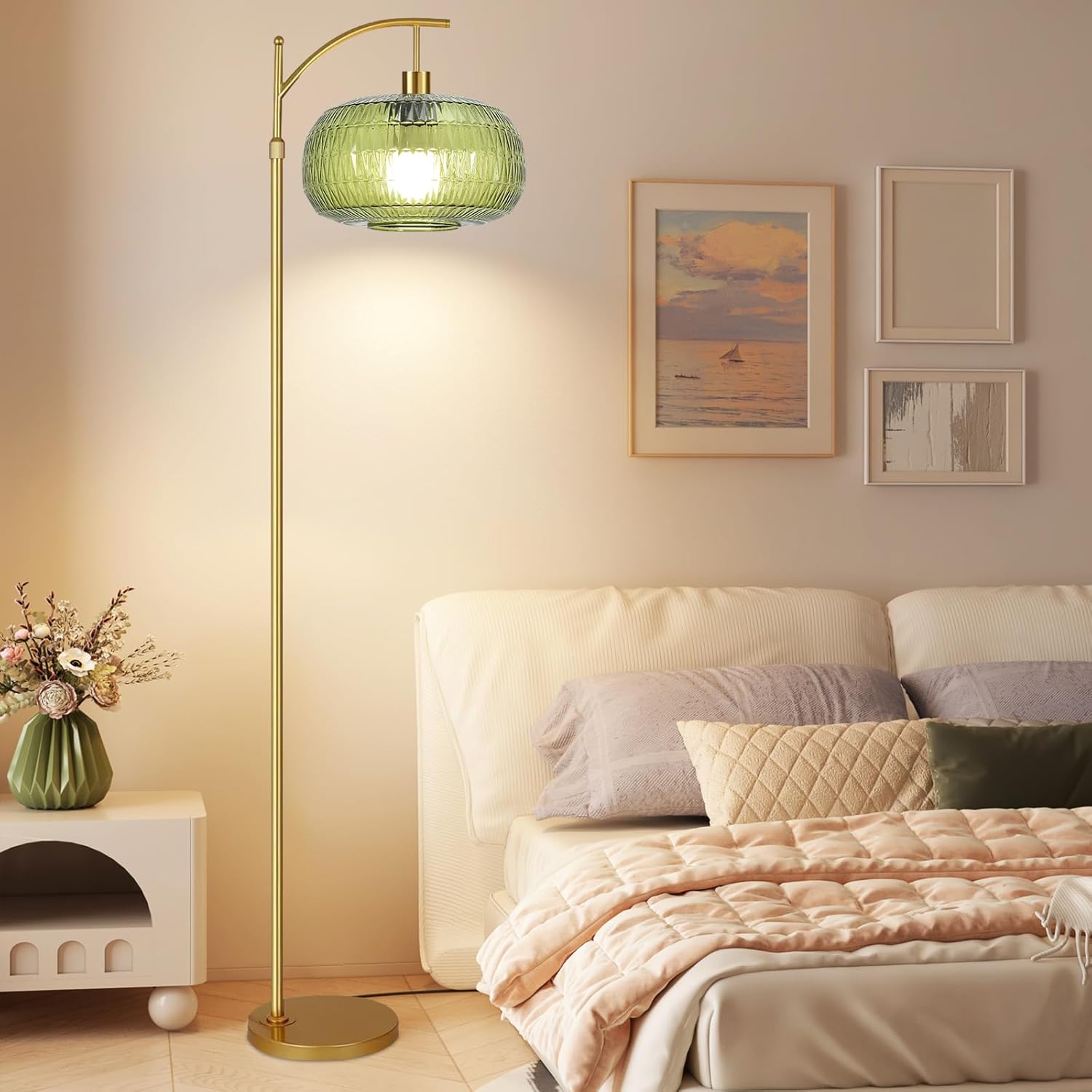 QIYIZM Green Floor Lamp for Living Room,Bedroom,Gold Dimmable Standing Lamp with Remote,Mid Century Modern Brass Tall Lamp Boho Floor Lamps Arc Stained Glass Floor Light Lamp Girls Bohemian
