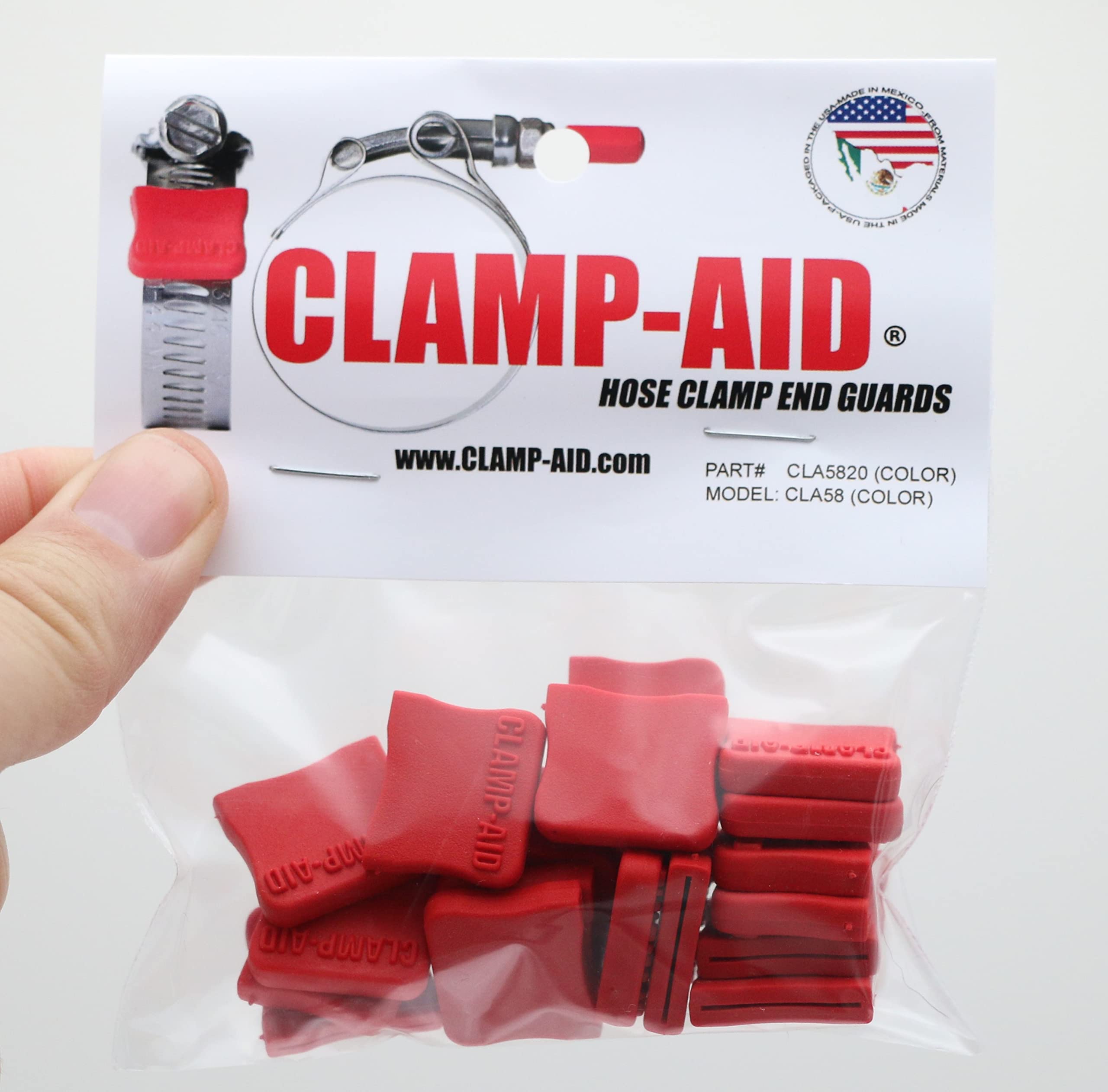 CLAMP-AID Brand Red Hose Clamp End Guards covers for 5/8" wide large heavy duty industrial worm gear hose clamps found large diesel engines, construction eqiupment, agricultural machinery