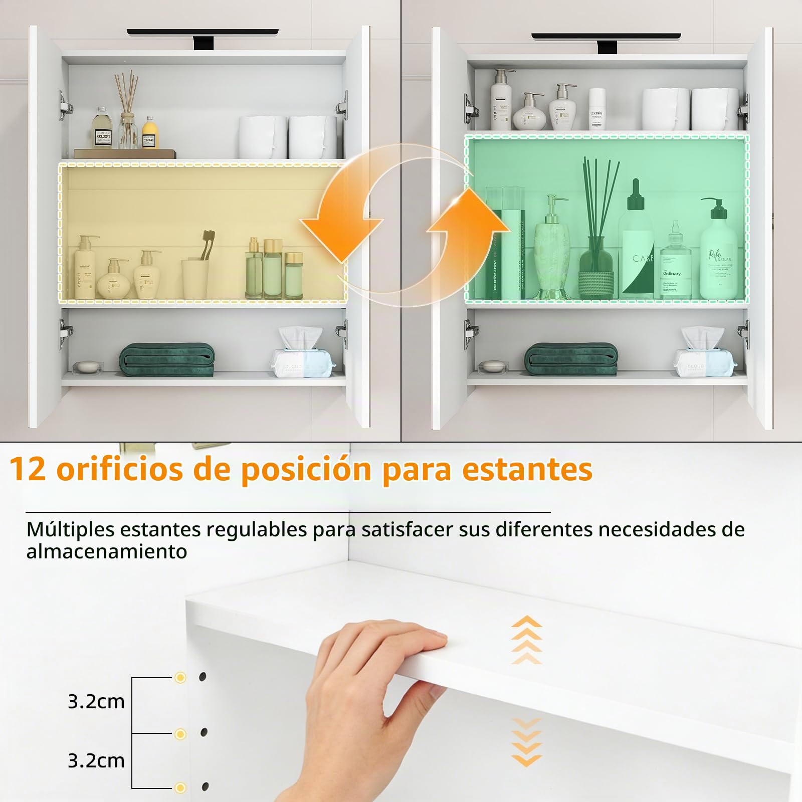 Mueble de Baño con Iluminación LED，Armario de Baño con Espejo, MDF, 60 x 16,5 x 70 CM, Estantes Ajustables, para Baño y Aseo, Blanco