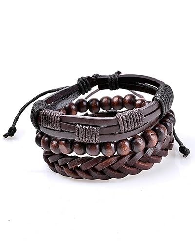 Young & Forever Leather Wooden Beads Bracelet for Men & Women (Brown) - Pack of 3