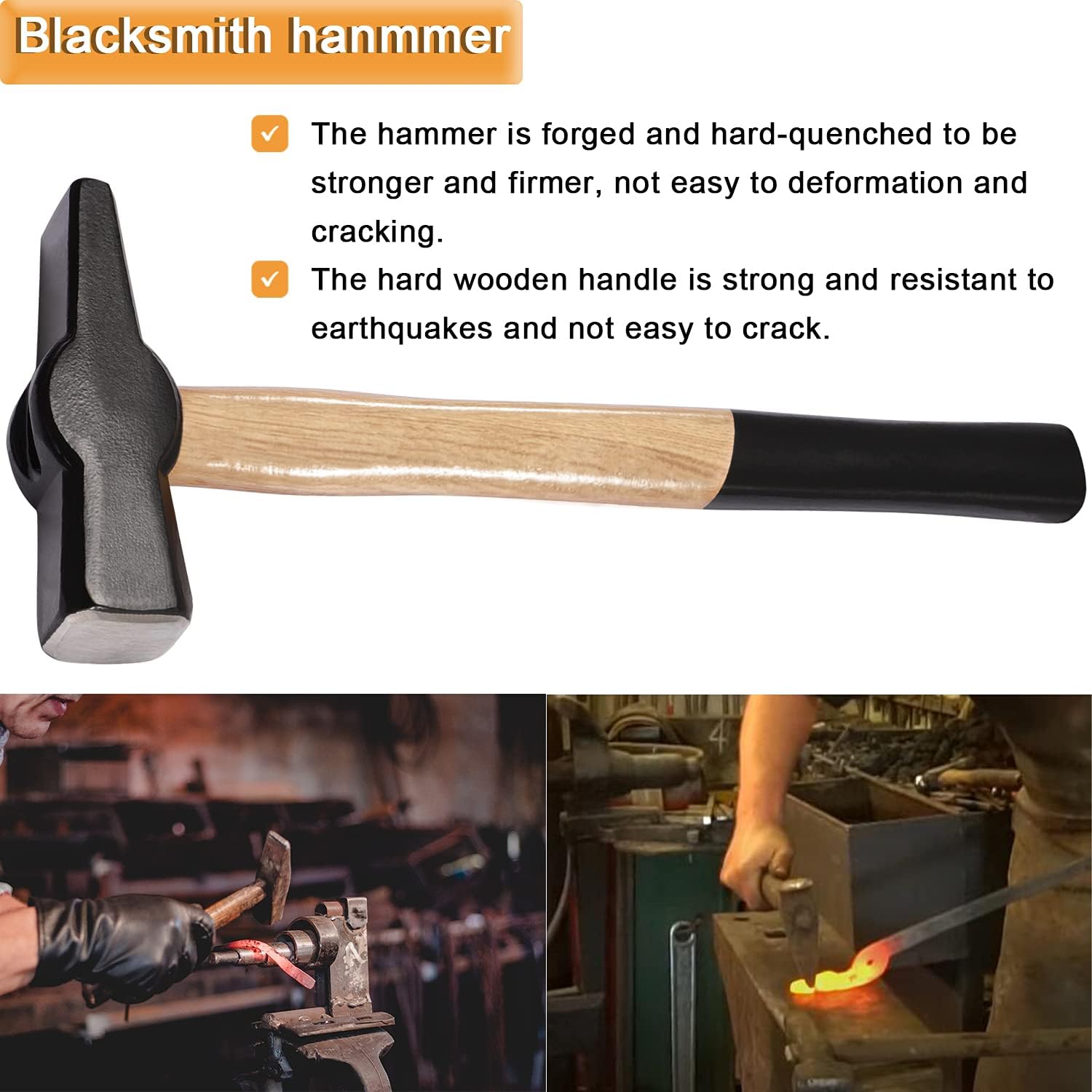 Blacksmith Forging Tools Kit Wolf Jaw Tongs - 15" length and Blacksmith Hammer For Anvil Blacksmithing Forging Hammer Forge Tools For Making Knife, Forged Tongs