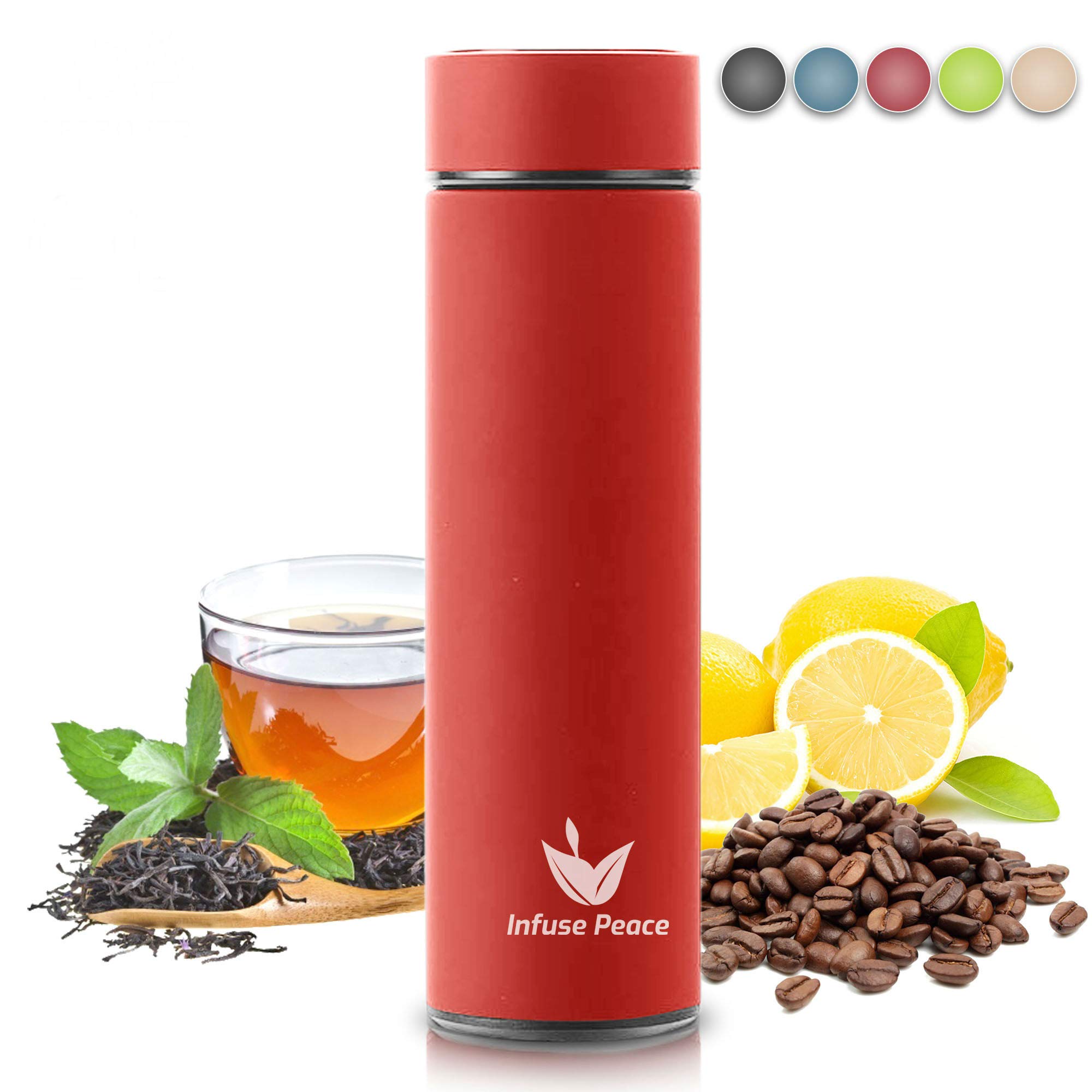 Infuse Peace Tea Thermos Infuser – HOT Coffee, Herbal Tea Loose Leaf Strainer COLD fruit infused water - Eco-friendly 16.9oz bottle - Active lifestyle Travel mug - Insulated Stainless Steel (Red)