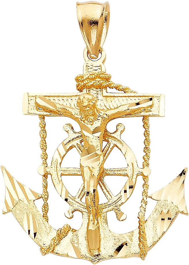 Solid 14K Yellow Gold Anchor Cross Pendant with Intricate Nautical Design, Mariner Jesus Christ Crucifix - 4 Different Size