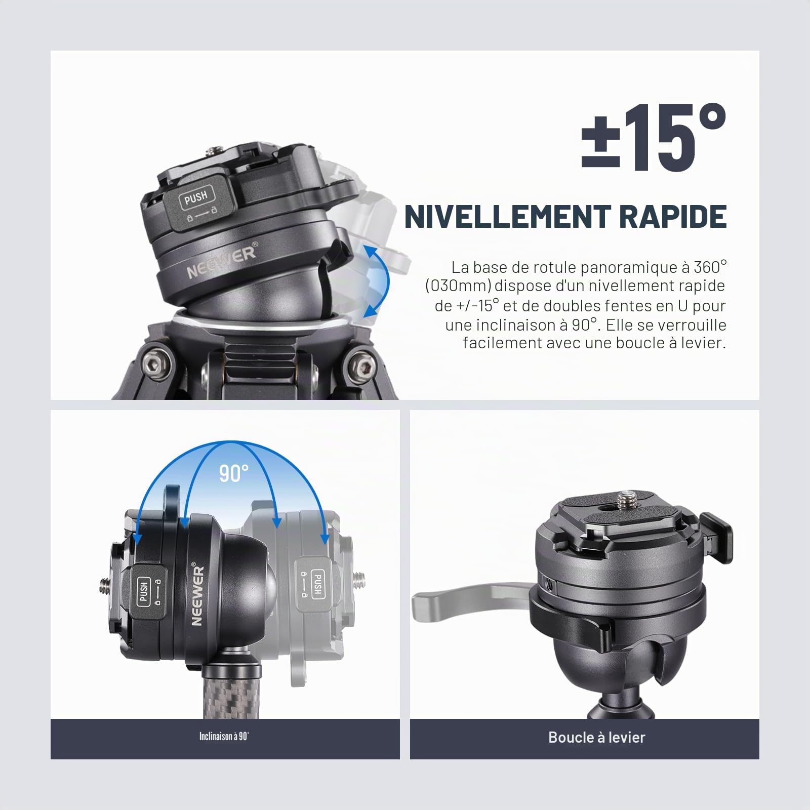 NEEWER LITETRIP LT32 Trépied de Voyage en Fibre de Carbone avec tête panoramique à 360° nivellement ± 15 °, axe Central Amovible, Boucle à Rabat Rapide, Plaque QR Arca Compatible avec Peak Design