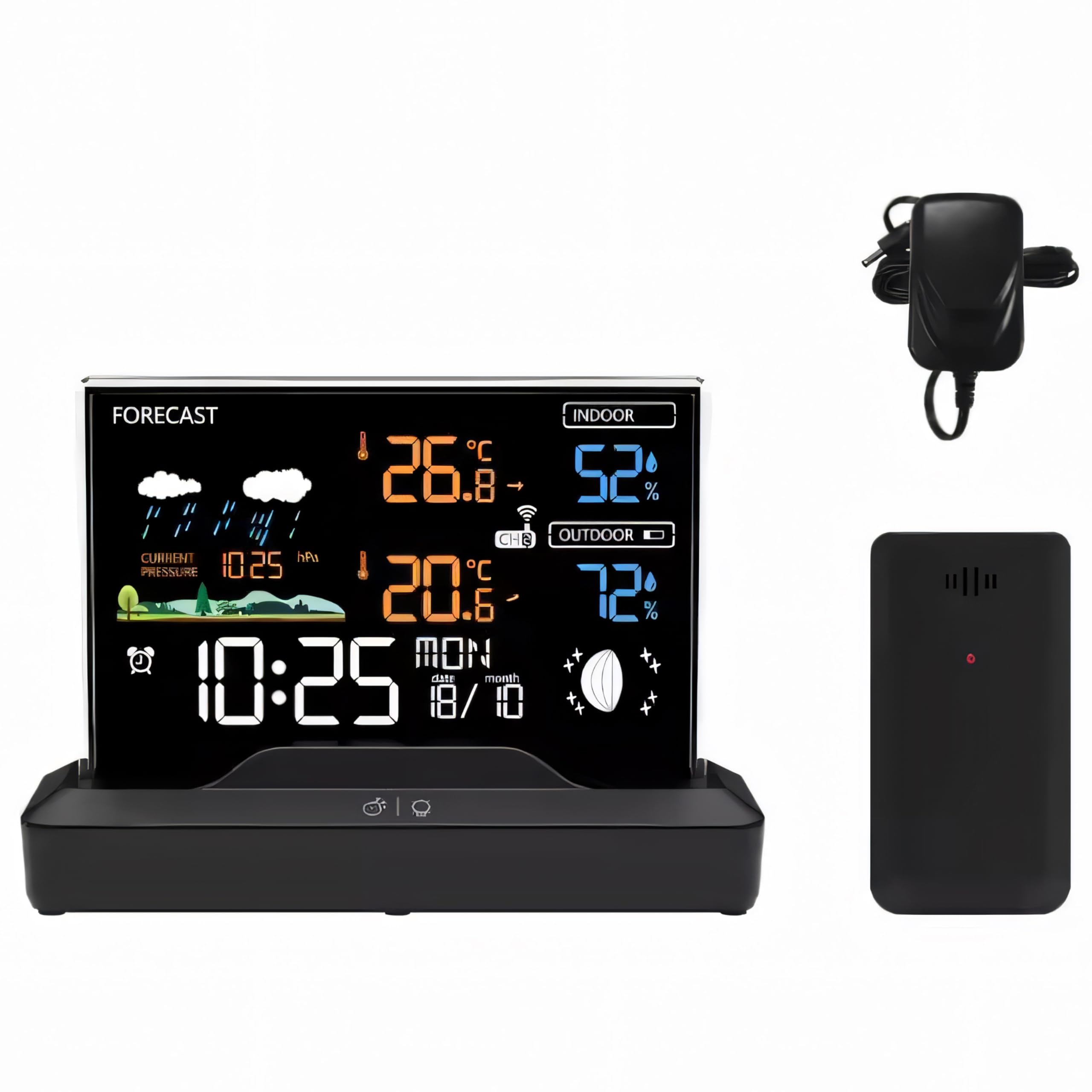 Retoo Stazione Meteo Wireless con Sensore Esterno, Termometro Igrometro Barometro, Display LCD, Previsioni, Fasi Lunari, Orologio Radiocontrollato, Sveglia, Nero