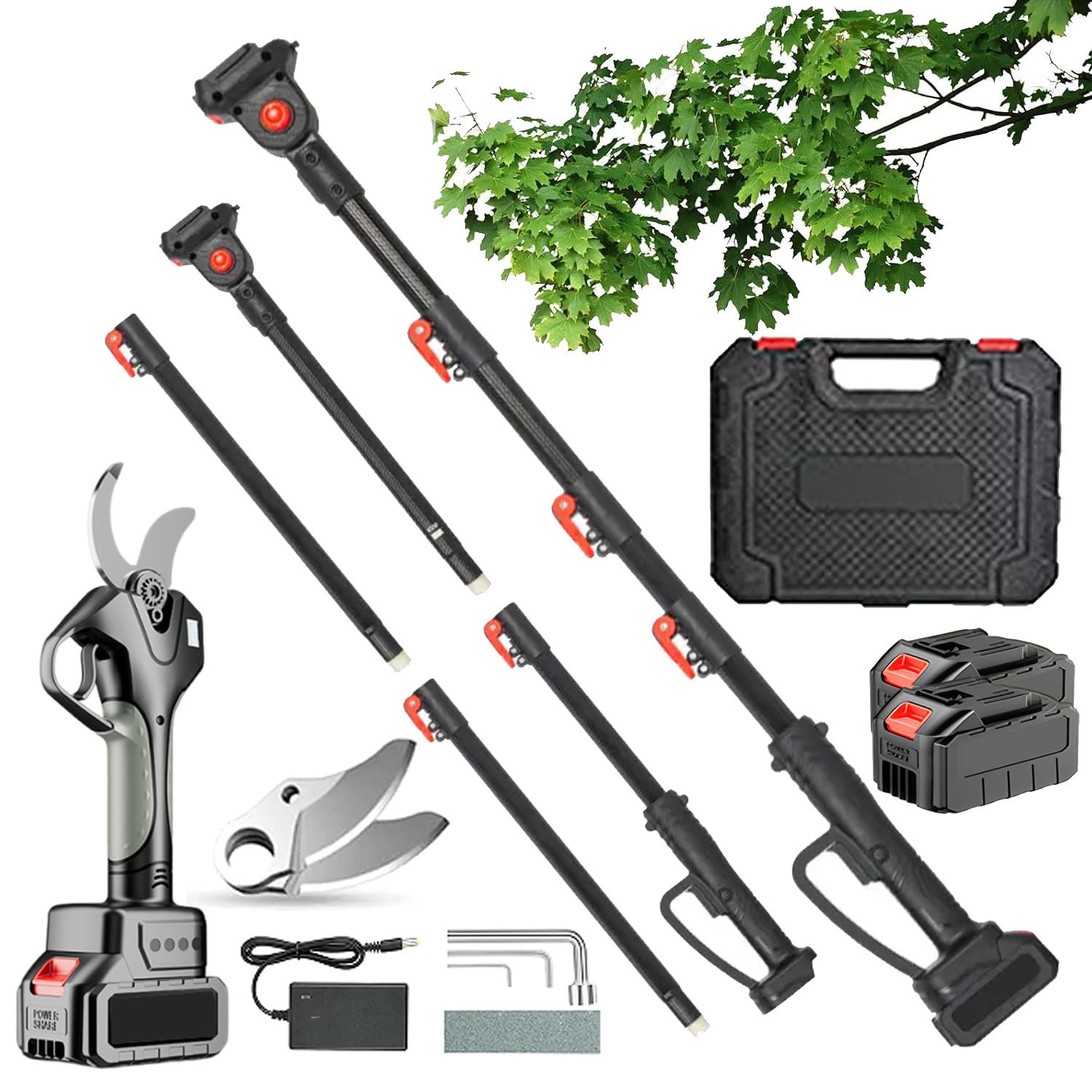 Tijeras De Podar Eléctricas De 980 W, Cortarramas De 6 Cm De Apertura, Con Pértiga Extensible Desmontable De 2,0 M, Rango De Corte De 4-4,5 Cm, Aptas Para Podar Vides, Ramas, Arbustos, Etc,2battery