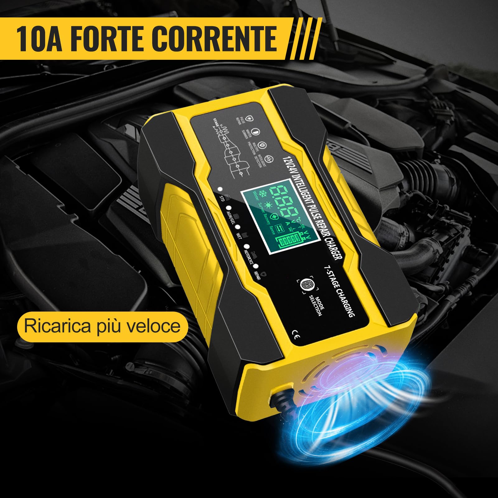 YDBAO Caricabatteria Auto di Carica 10A 12V/24V Caricabatterie Auto Moto con Schermo LCD Touch Multi Protezioni 5 Modalità di Ricarica Caricabatterie per Auto Moto AGM