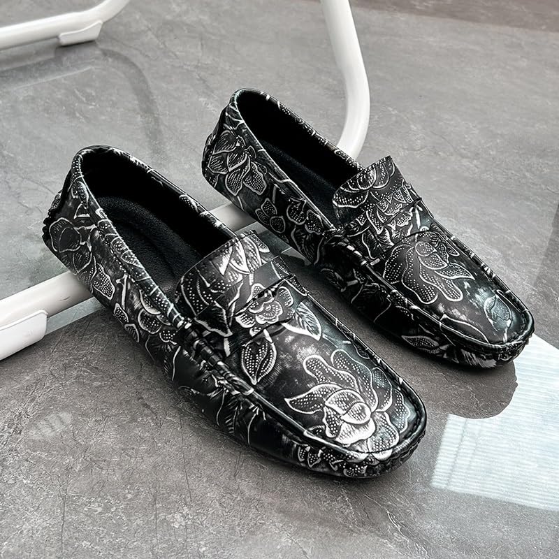 Men's Loafers Square Toe Floral Print Nubuck Leather Penny Driving Loafers Flat Heel Comfortable Slip Resistant Casual Prom Slip-ons2