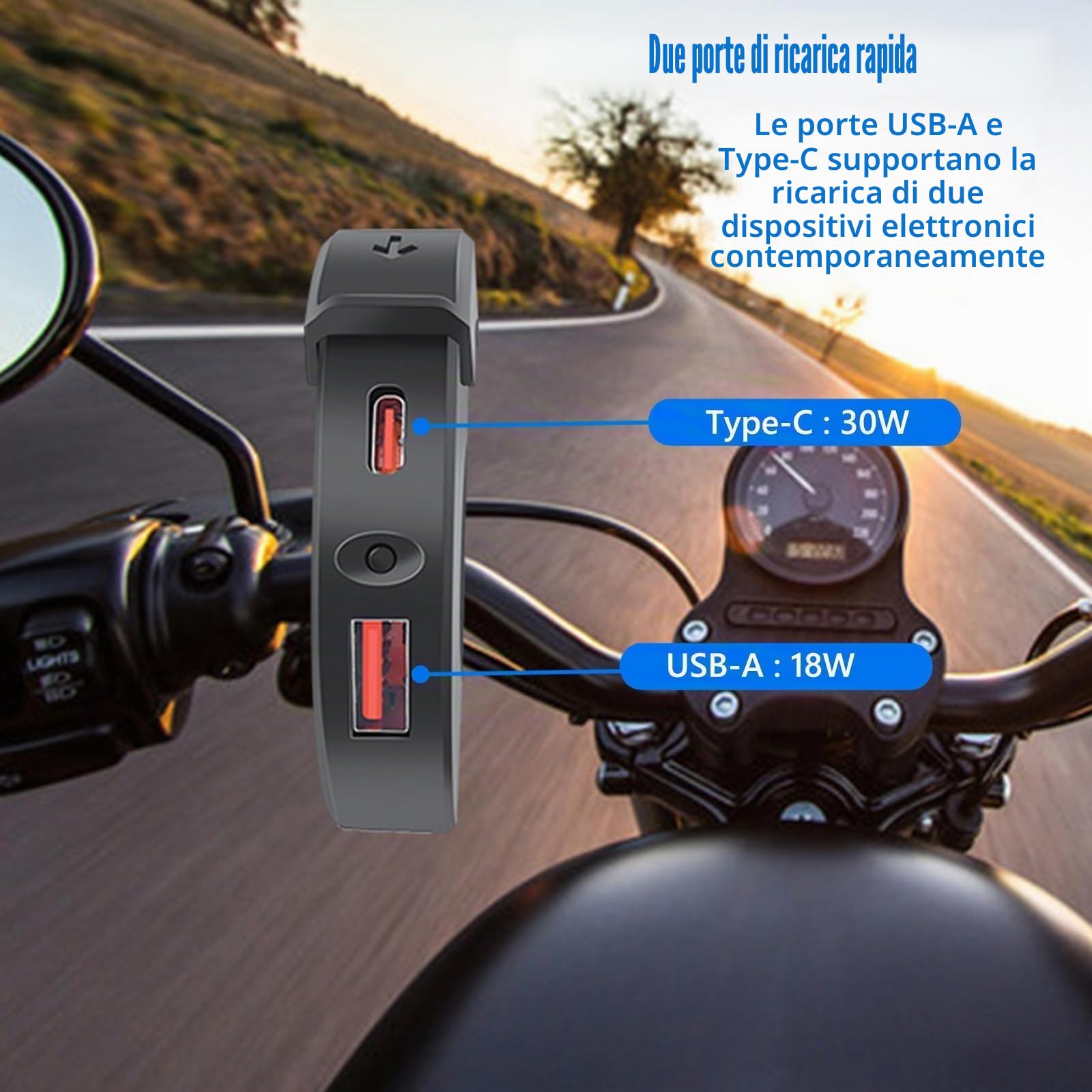 Caricabatterie USB Moto 48W, IP65, 2 Porte (QC3.0 18W + PD3.0 30W) con Interruttore, Presa USB-C 12-24V - per Viaggi/Avventure/Outdoor - Compatibile con Smartphone/GPS/Fotocamere