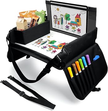 Kids Travel Tray with Dry Erase Top Car Seat Travel Tray with 16 Organizer Pockets for Car Stroller Plane Black