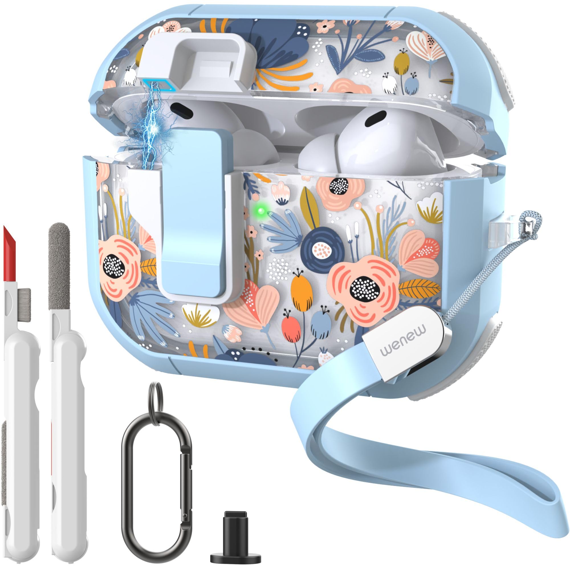 WENEW for AirPods Pro 3 Case (2025) Cover Secure Lock Automatic Snap Switch Clip Cleaner Kit Lanyard Women Stylish Flower Hard Shell Full Body Front LED Visible (Blue, AirPods Pro 3)