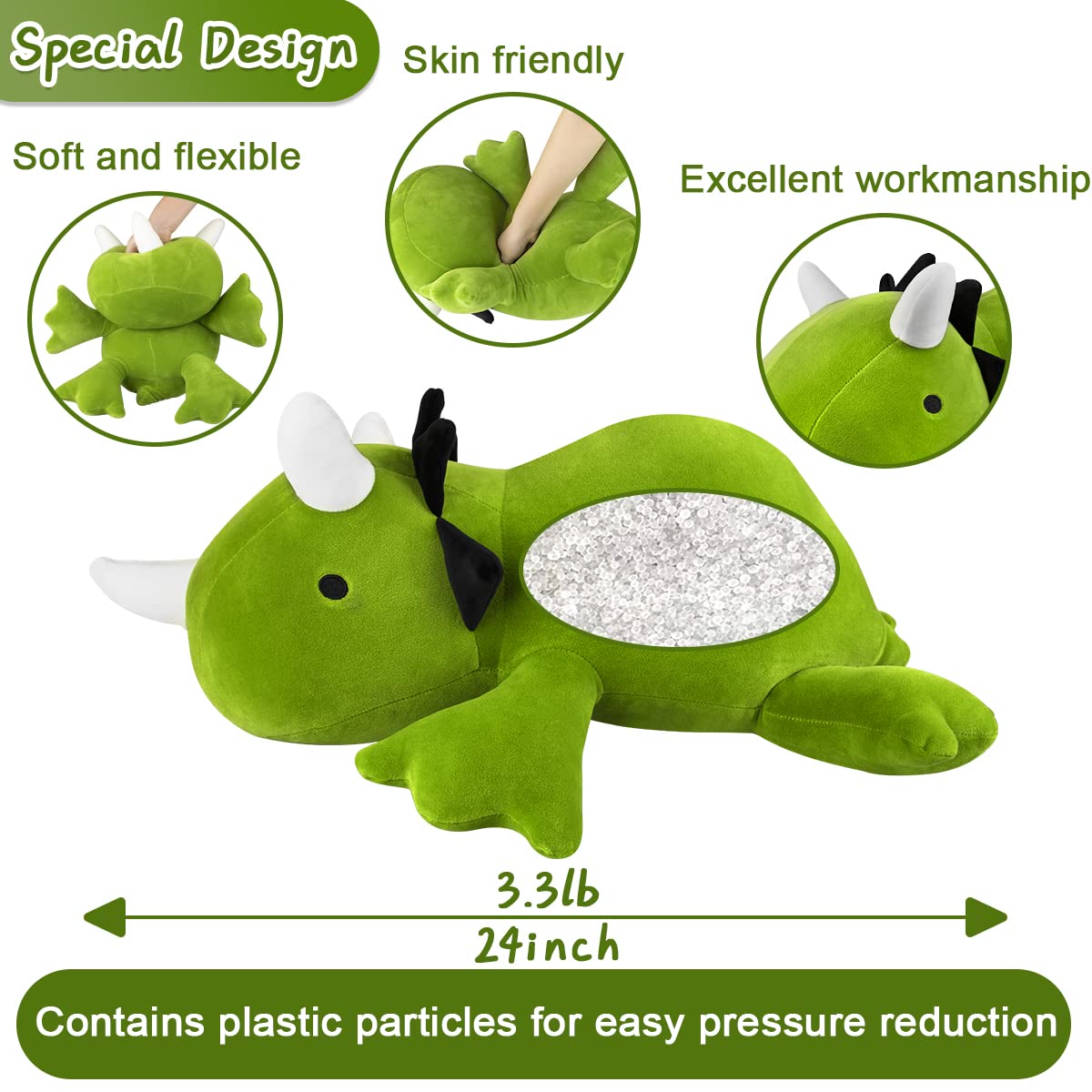 quescu Dinosaur Plush Toys,3.3lb Dinosaur Stuffed Animal for Kids,Dinosaur Plush Pillow Gifts for Kids Birthday,New Year(Green)