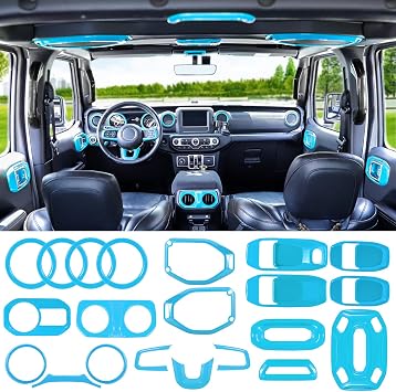 LAIKOU 21PCS Full Set Interior Decoration Trim Kit fit for Jeep Wrangler JL JLU 2018-2023 & Gladiator JT | Air Conditioning Vent Door Handle Speaker Light Headlight Switch Cover Baby Blue