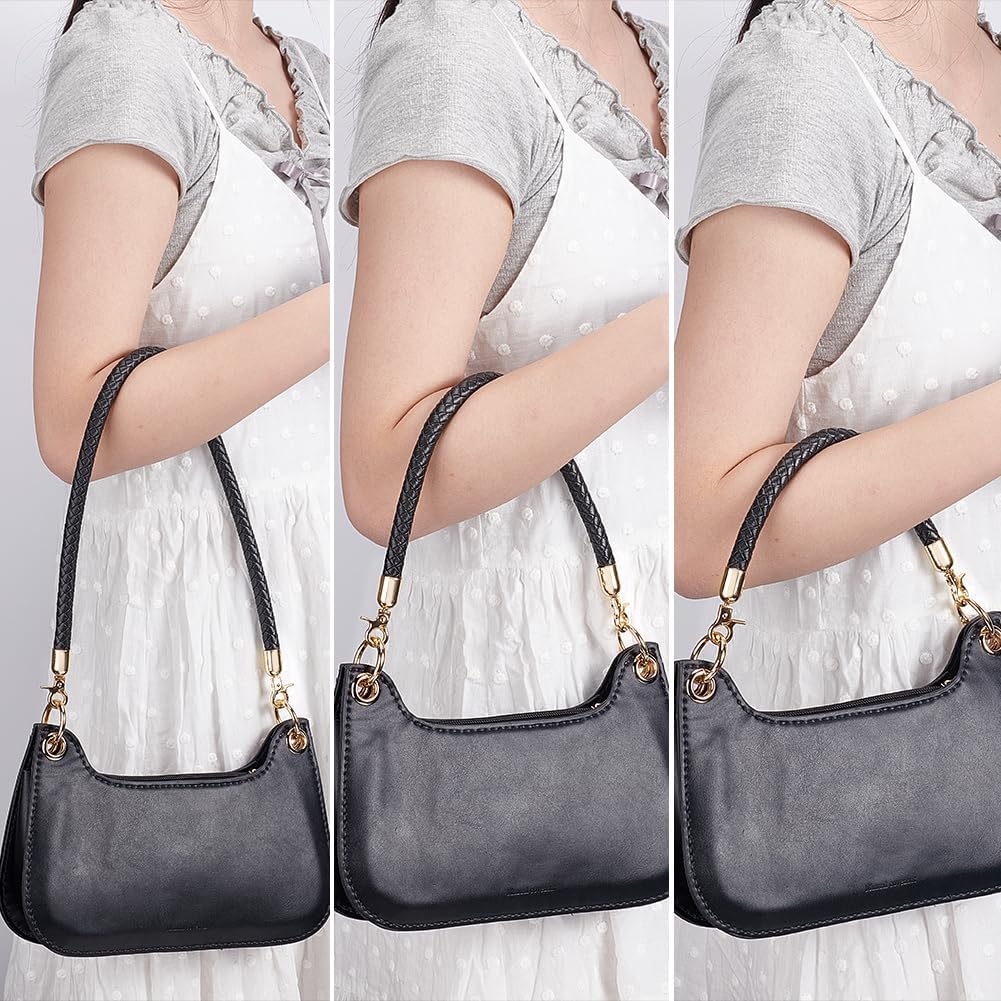 PH PandaHall 3pcs Black Braided Leather Bag Strap, 12/15/23 inch Purse Handle Replacement, Handbag Shoulder Strap with Gold Spring Buckle for DIY Handbag Underarm Bag Tote Purse Making - Image 3