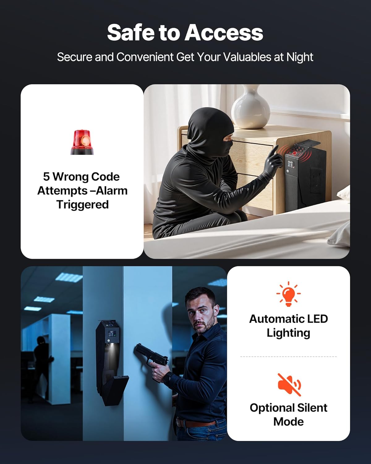 VEVOR Gun Safe, Slider Handgun Gun Safe with Screen, 3-Way Quick Access,Fingerprint/Password/Key, Firearm Case Box with LED for 1 Pistol & Magazine, Mounted Gun Box for Nightstand Bedside Desk Car