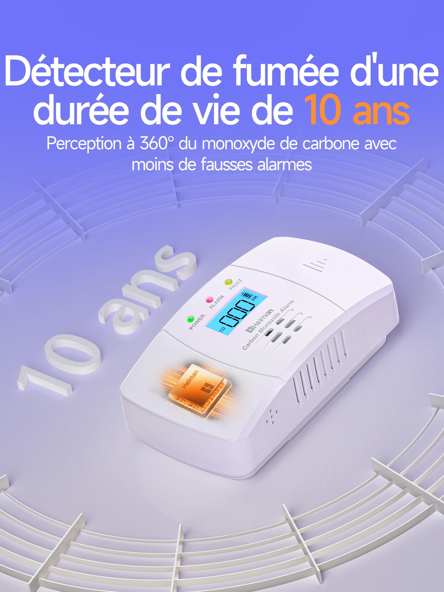 Heiman Détecteur de Monoxyde de Carbone Détecteur de CO avec Batterie échangeable et Bouton de Test et Voyant d'état LED, Capteur 10 Ans