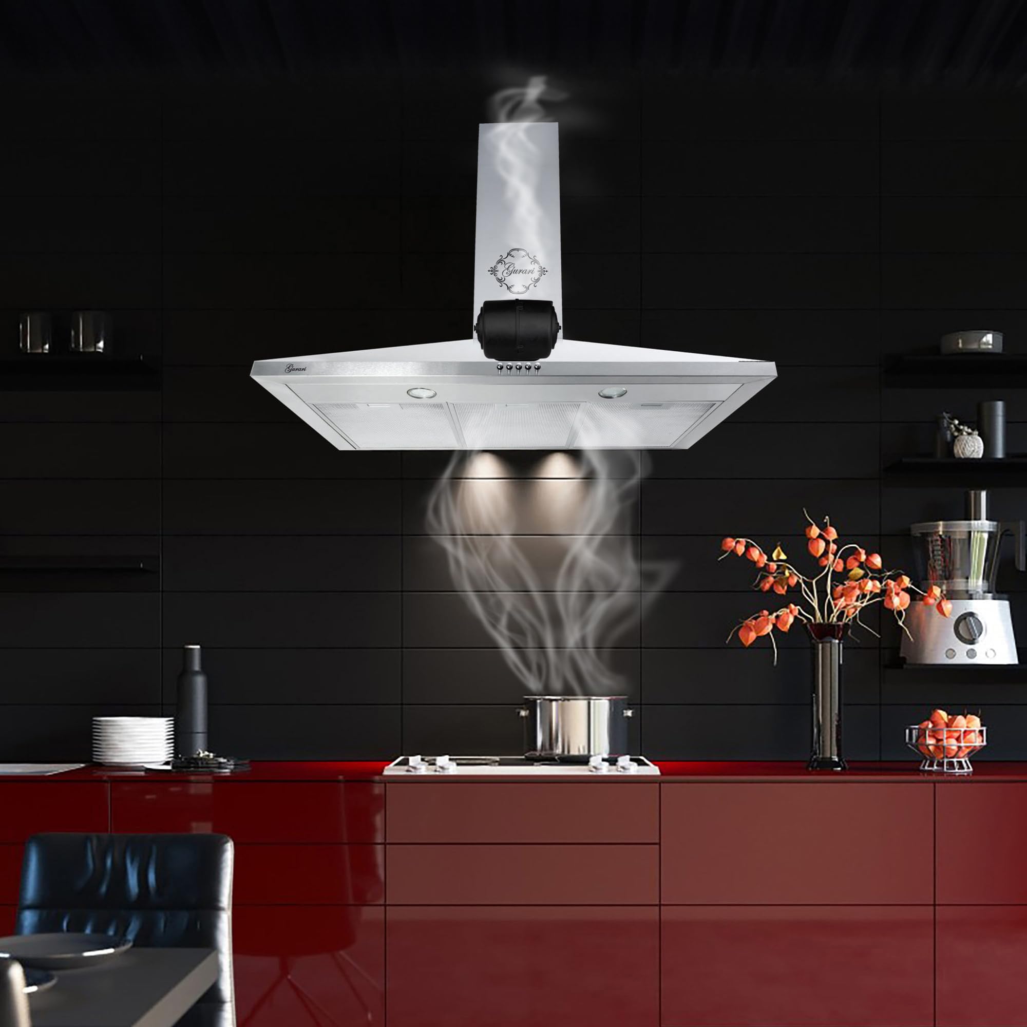 Gurari Hotte murale 90 cm inox GCH C 147 IS 90 • Hotte aspirante Hotte de Cuisine • 1000 m³/h • Éclairage LED • Évacuation extérieure & recyclage • 3 vitesses • Inox design