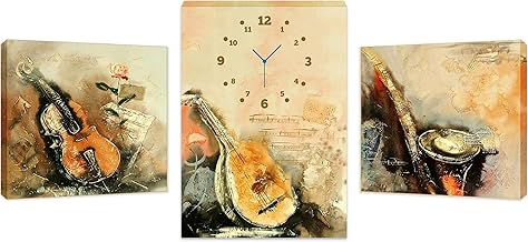طقم ثلاث لوحات فنية وساعة حائط تصميم الات موسيقية مطبوعة على قماش كانفاس بإطار ولوح خشبي داخلي، تناظري
