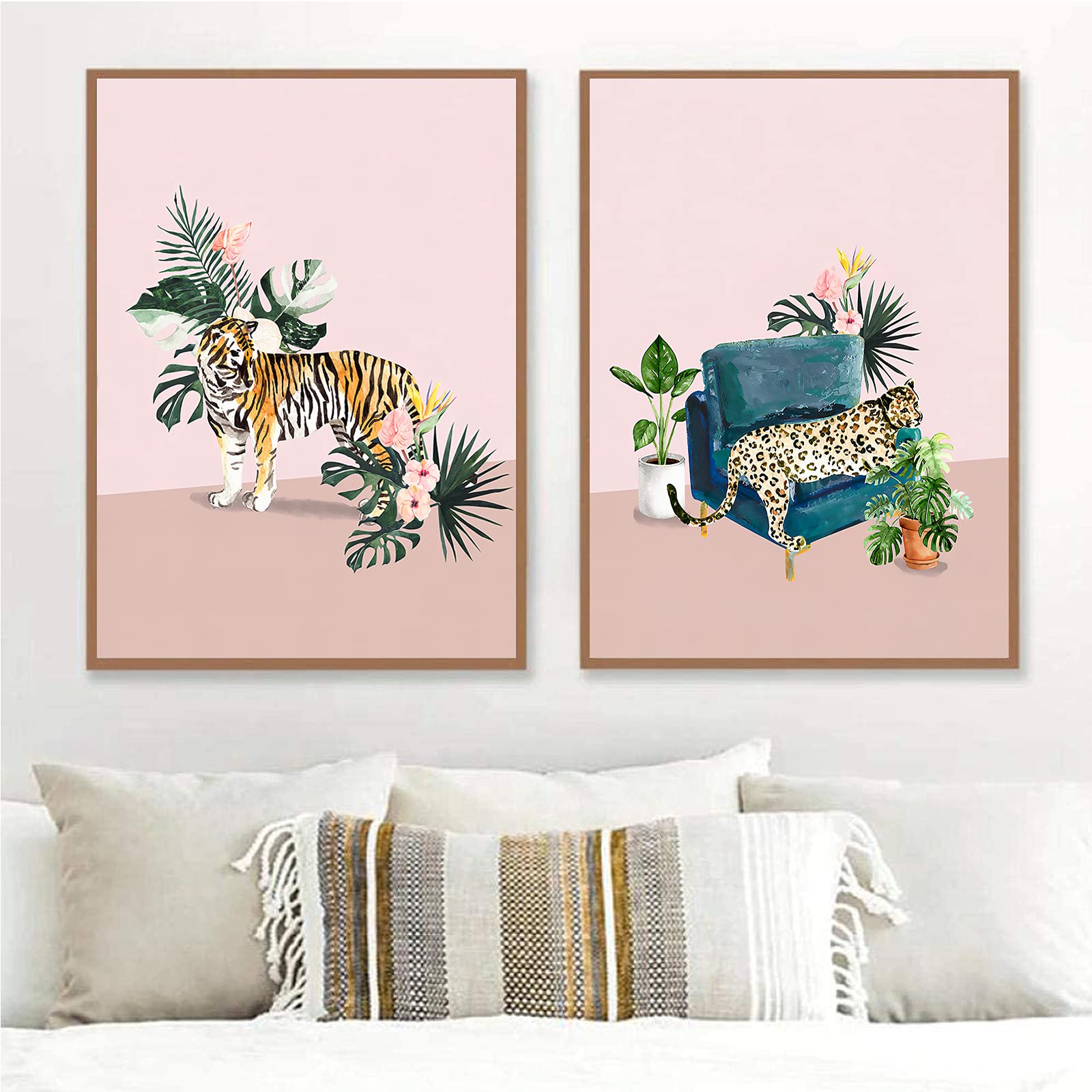 VLOLIFE Jungle Tiger and Cheetah Print Pink Animal Leopard Posters and Prints Tropical Botanical Pictures for Living Room Decor 2 pieces no frame 16X24inchX2 Unframed