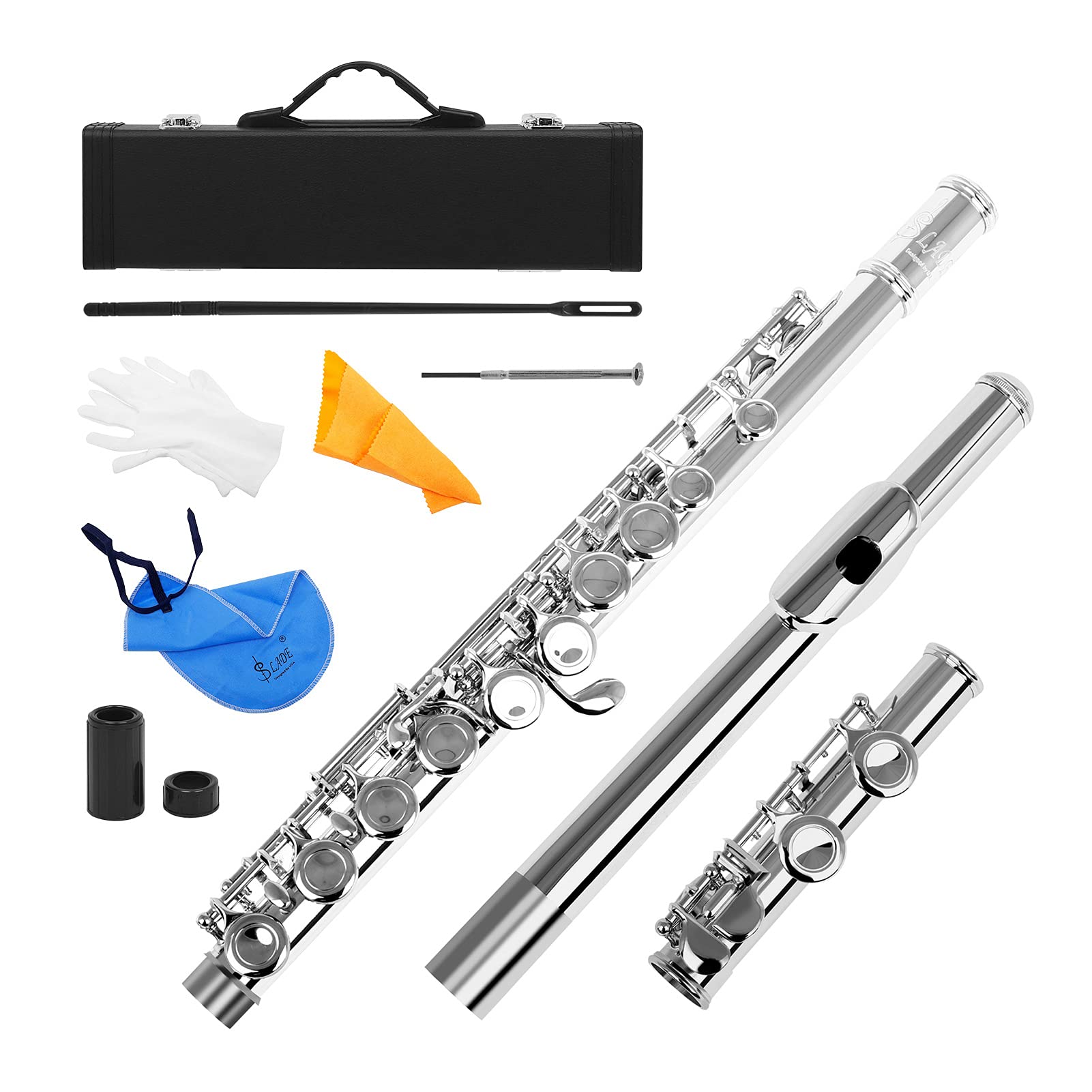 Baugger Flute,Western Concert Flute Cupronickel Nicke Plated 16 Holes C Key Woodwind Instrument with Cleaning Cloth Stick Gloves Mini Screwdriver Padded Case
