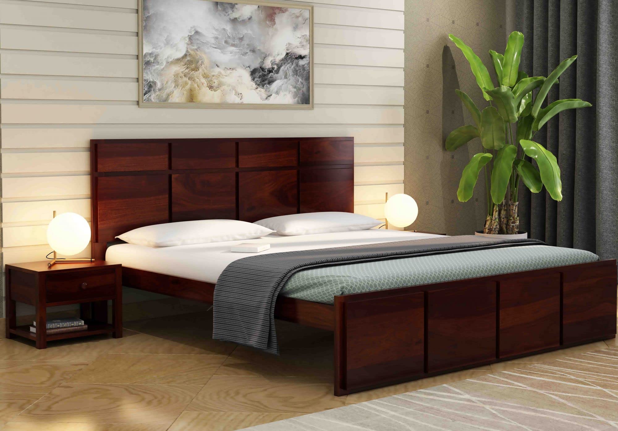 BM WOOD FURNITURE Sheesham Wood Hawaii Bed Without Storage (King Size, Walnut Finish)