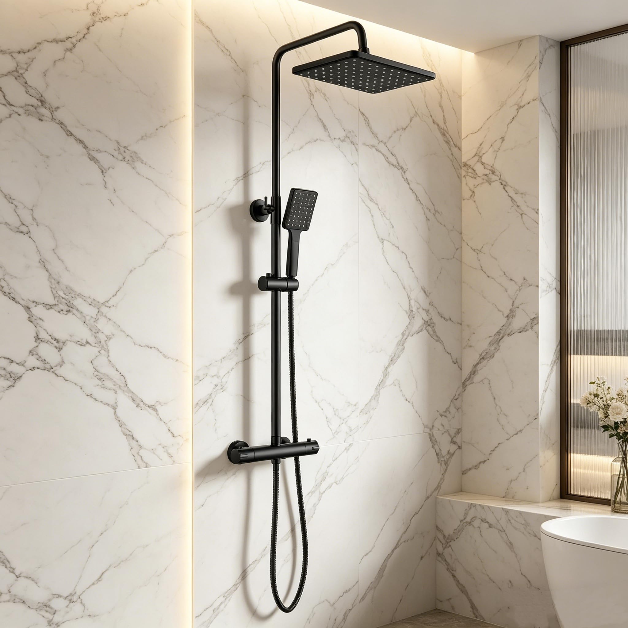 Columna ducha negra, YOOZENA Columna Ducha Termostática, Duchas de Baño Columna Altura Ajustable, Ducha Lluvia 26x19cm, Alcachofa de Ducha con Manguera, Cuadrado