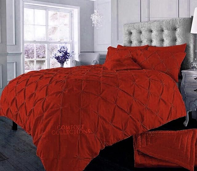 Luxury Alford Alexander Pin Tuck Pinch Pleat Duvet Quilt Cover Reversible Diamond Bedding Set With Matching Pillowcases Red King 230cm x 220cm Approximate