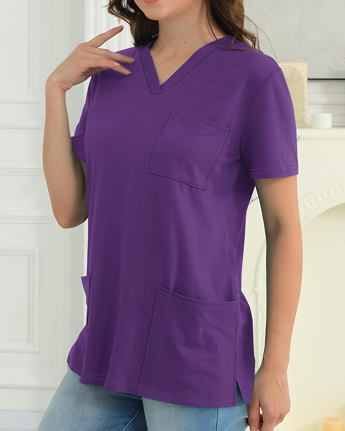 Scrub for Women Short Sleeve V Neck T Shirts with 3 Pockets Nursing Tops