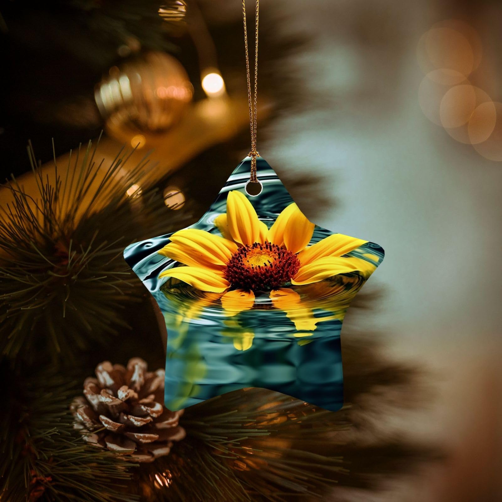 Christmas Tree Ornaments Ceramics Christmas Decorations Sunflower in Water Ornaments with Gold Ribbon Porcelain Xmas Tree Crafts Star Shape Hanging Pendant for Christmas Tree Party Decor