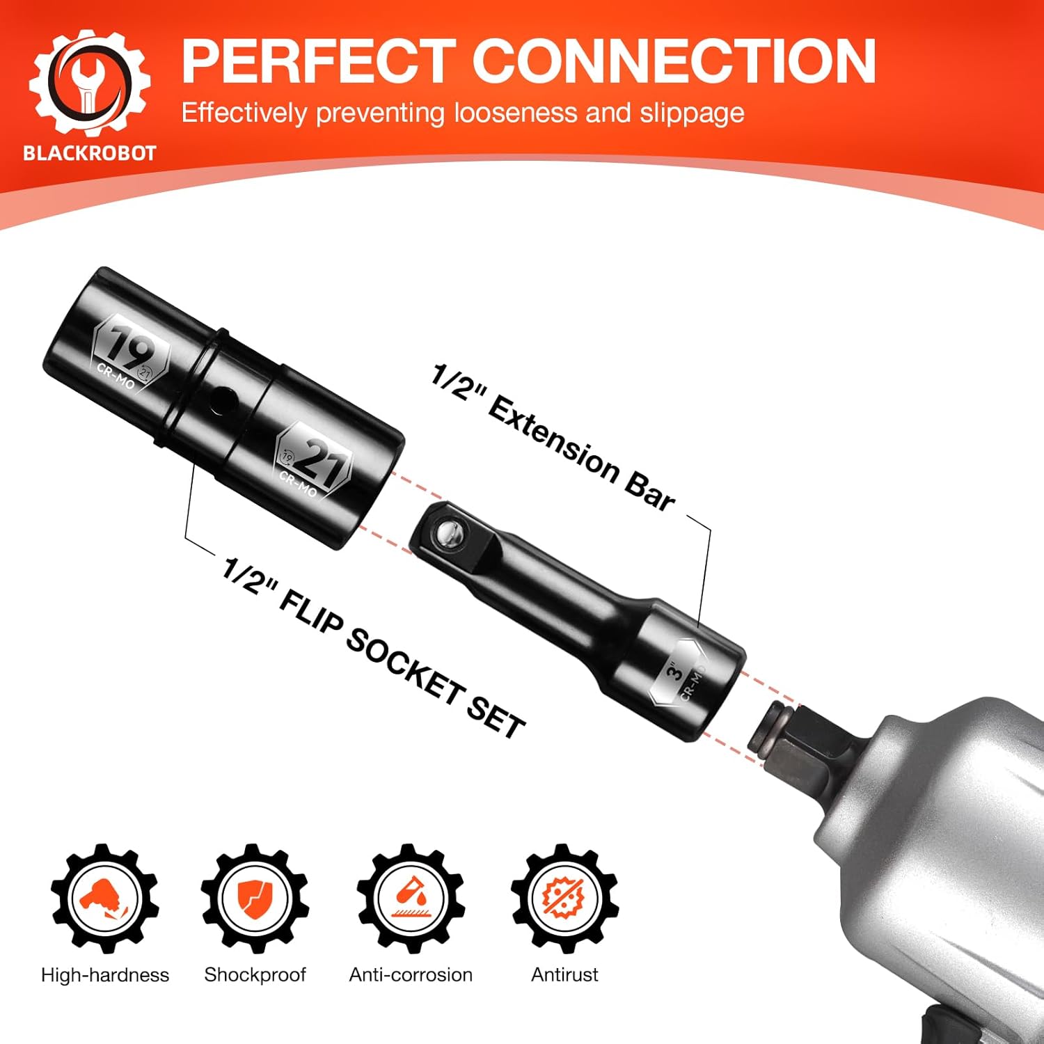 BLACKROBOT 1/2 Inch Drive Impact Socket Set, Double Sided Lug Nut Flip Socket Set, CR-MO Steel,3 Pieces, Metric 19-21 mm & SAE 3/4-13/16 Inch, with 3-Inch Extension Bar
