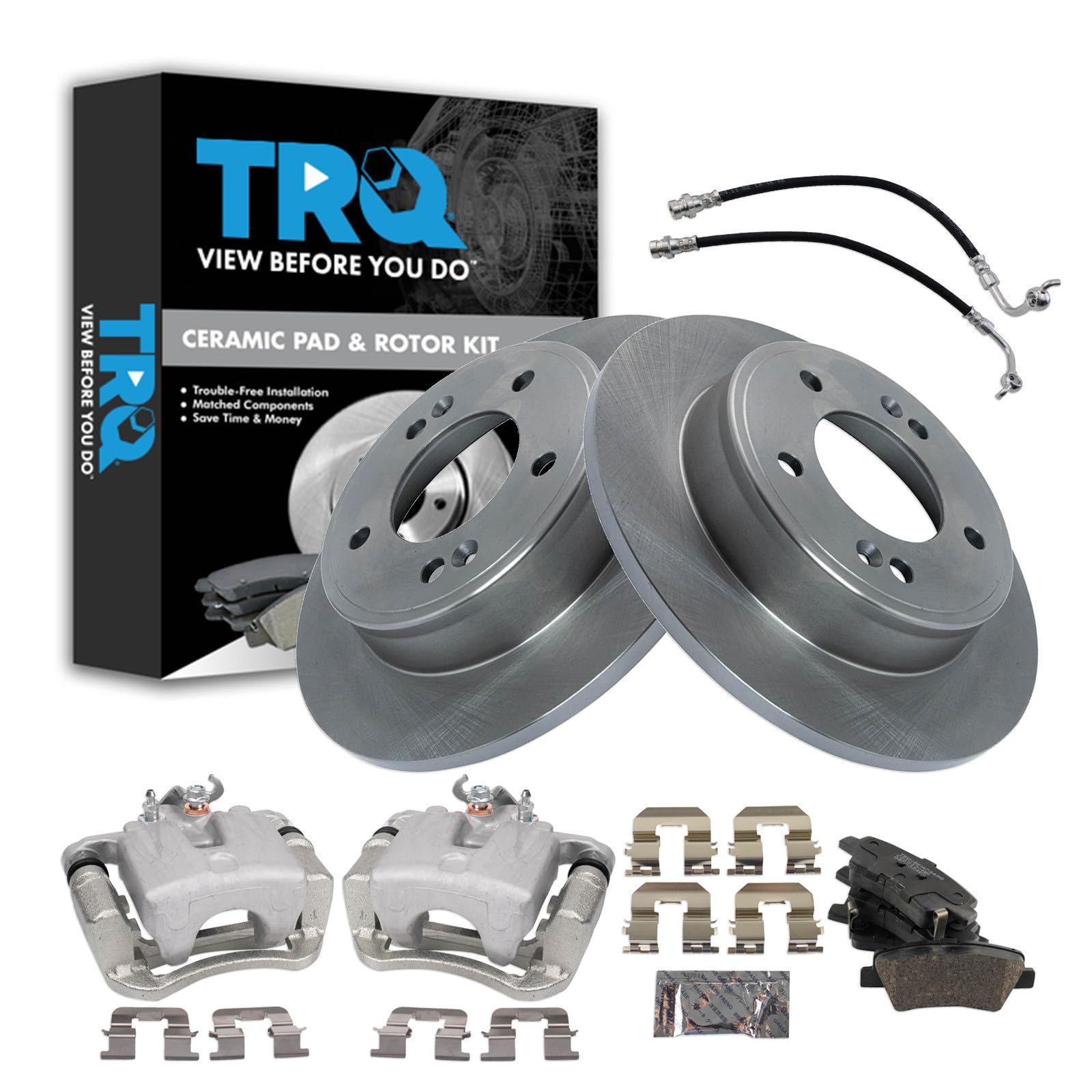 TRQ Rear Brake Pad and Rotor Set Ceramic Rotors Calipers Compatible with 2017-2018 Kia Soul